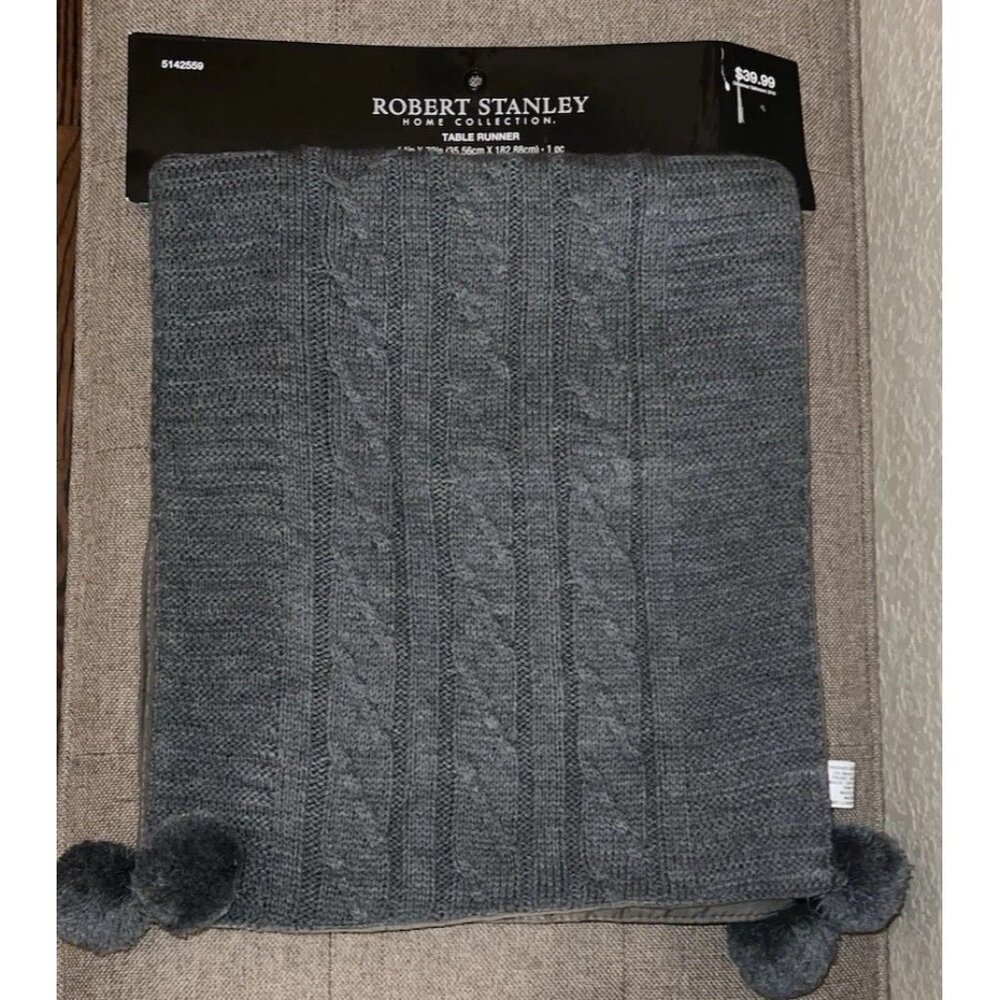 Robert Stanley Home Collection Gray KNIT Table Runner with POM POMS‎ - 14" x 72"